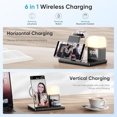 6 in 1 Wireless Charging Station for Samsung Android with Clock & Night Light,Wireless Charger Beside Clock for Galaxy S26 Ultra S25 S24,Galaxy Watch 8/7 Buds 4/3 Pro,Not for Watch 9/Ultra 2 - color: Black