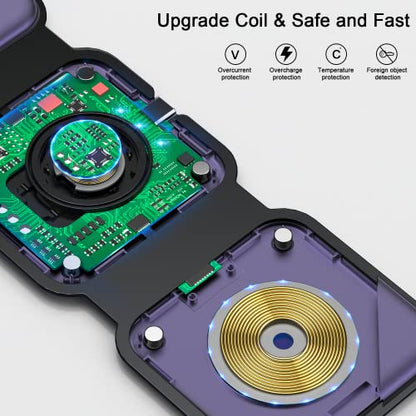 3 in 1 Wireless Charging Station for Apple,Foldable Magnetic Travel Charger - color: deep purple