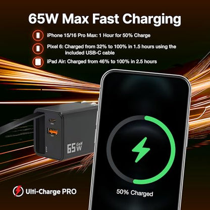 Ulti Charge Pro 65W USB C Charger with 25 Inch Retractable USB C Cable
