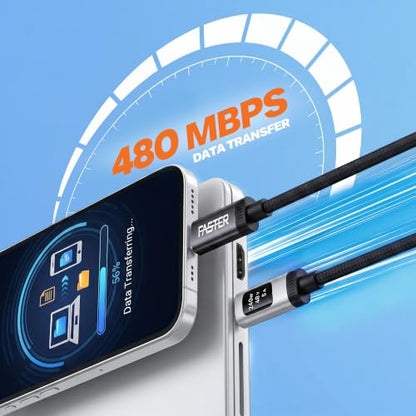 FASTER D8 USB-C to USB-C Cable with Real-time OLED Power Display, 3.9 ft