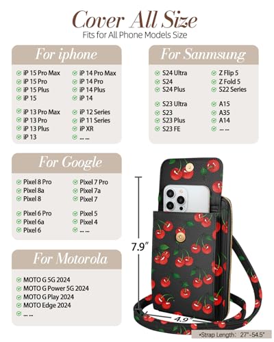 Leather Cell Phone Purse Crossbody Bag for Women | Adjustable Shoulder Strap, Card Slots, Secure Wallet Interior, Cute Pattern Styles, Small Carry for Travel and Daily Use - color: Cute Cherry