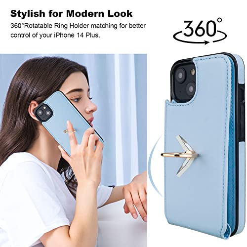 Folosu Compatible with iPhone 14 Plus Case Wallet with Card Holder, 360°Rotation Finger Ring Holder Kickstand, RFID Blocking Leather Protective Double Buttons Shockproof Cover 6.7 Inch Blue - color: Blue, size: iPhone 14 Plus