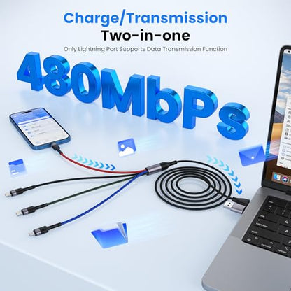 100W 6ft Multi USB Charging Cable, USB C and Lightning Fast Charging Cable 2-in-1, Durable Nylon Braided Multi Charger Cord for iPhone 17 16 15 14 13 12, iPad, Galaxy, Note, MacBook & More - Black - style: 6-in-1 6FT