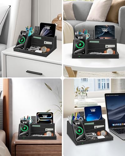 Wireless Charger with Desk Organizer, Fast Charging Station - color: Black-PU leather