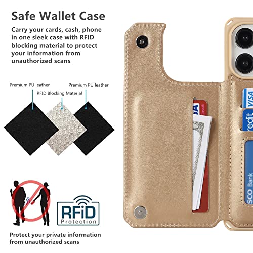 iCoverCase Compatible with iPhone 14 Pro Max Wallet Phone Case with Card Holder for Women, RFID Blocking Embossed PU Leather Wrist Strap Case 6.7 Inch (Macaron Gold) - color: P-Gold