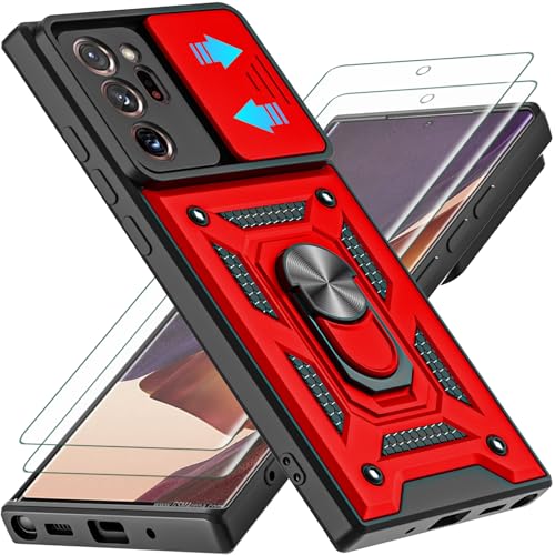 for Galaxy Note 20 Ultra Case, with Self Healing Flexible TPU Screen Protective [2 Pack] & Slide Camera Cover, 360°Rotation Ring Kickstand [Military Grade] Case. (Red) - color: N-Red