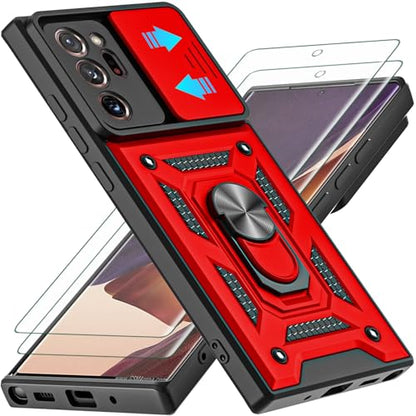 for Galaxy Note 20 Ultra Case, with Self Healing Flexible TPU Screen Protective [2 Pack] & Slide Camera Cover, 360°Rotation Ring Kickstand [Military Grade] Case. (Red) - color: N-Red