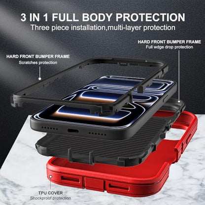 YKHJKLEC for iPhone 17 Pro Case, Military Grade 3 in 1 Heavy Duty Shockproof/Drop Proof/Dust Proof Case with 2Pcs Tempered Glass Screen Protector (Red/Black) - color: Red/Black