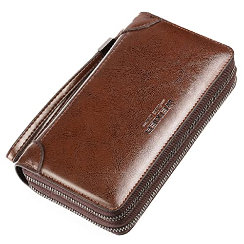 Large Wallet Clutch Long Leather Phone Purse Business Hand Clutch Bag Card Holder Travel Wallet for Men Women Father Husband - color: Double-Brown
