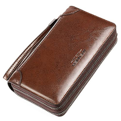 Large Wallet Clutch Long Leather Phone Purse Business Hand Clutch Bag Card Holder Travel Wallet for Men Women Father Husband - color: Double-Brown