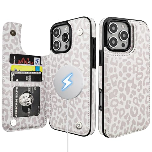 HAOPINSH for iPhone 16 Pro Max Case Wallet Compatible with MagSafe Wireless Charging, White Leopard Cheetah Pattern Back Flip Folio Leather Kickstand Card Slots Case Double Magnetic Clasp Cover 6.9" - color: White Leopard for MagSafe