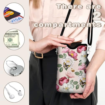Universal Phone Sleeve Pouch with Crossbody Strap 7.6 X 4.3 Inches Shockproof Water Resistant Mobile Protection Bag-Pink Floral Neoprene Phone Pouch Bag - color: Pink Floral-Phone Pouch