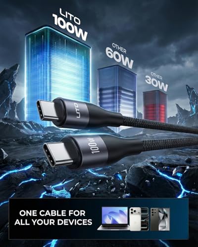 LITO 100W USB C to USB C Cable 3.3FT, E-Marker Fast Charging Cord