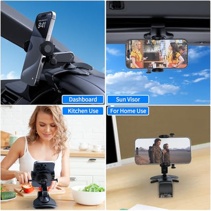 Universal 360° Rotating Dashboard Phone Holder for Car - Spring Clip Car Phone Mount, No Adhesive No Tools, Multi-Angle Adjustable Clip-On Holder for 4-7 inches Smartphones (Black)