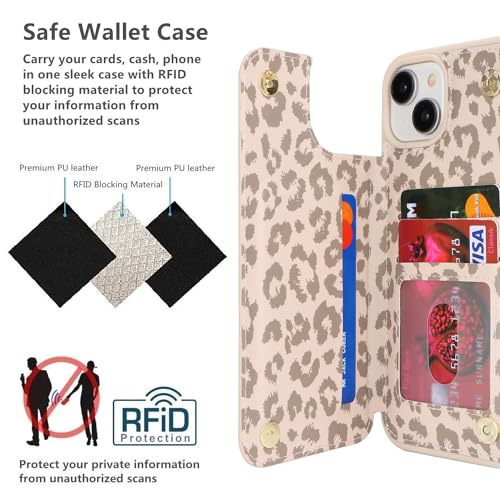 iCoverCase Compatible with iPhone 14 Case with Card Holder, Wallet Case for Women Men RFID Blocking PU Leather Protective Phone Case 6.1 Inch (Beige Leopard) - color: Beige Leopard