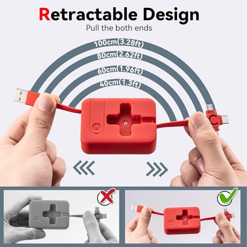 3 in 1 Multi Charger Cable 3A, 2Pack 3 in 1 Retractable Multi Charging Cable with IP/USB C/Micro Ports, Phone Holder, Multiple Fast Charging Cord for Cell Phones, IP, Samsung Galaxy, Tablets