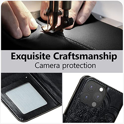 EYZUTAK Case for iPhone 13 Pro, Premium PU Leather Magnetic Flip Wallet Case with Card Holder Cash Slot Lanyard Strap Kickstand Function Embossed Mandala Flower Pattern Shockproof Cover - Black - color: Black, size: iPhone 13 Pro