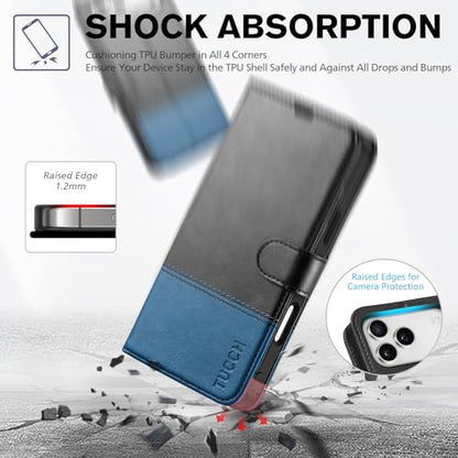 TUCCH Case Wallet for iPhone 17 Pro Max, RFID Blocking, Black & Light Blue | 4 Card Holders, Kickstand, PU Leather, Magnetic Closure, Shockproof TPU Shell, Protective Flip Cover - color: Two-tone Black & Light Blue