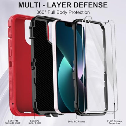 for iPhone 13 Case with 2 Screen Protector,Shockproof Drop Protection Full Body Heavy Duty 3 Layer Military Rugged Durable Phone Cover for Apple iPhone 13 6.1" (Red Black) - color: Red Black