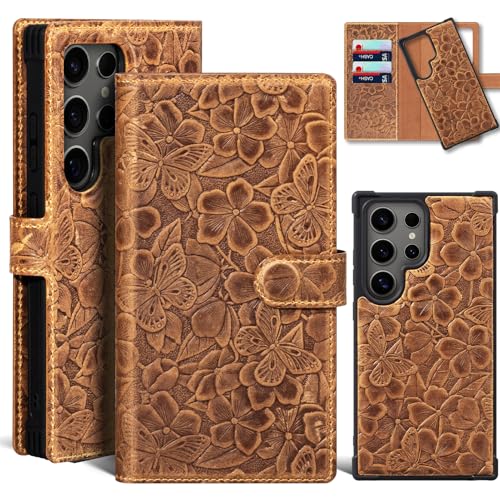 Leather Wallet Case for Samsung Galaxy S24 Ultra, Brown | Magnetic Detachable, 2-in-1 Flip Folio, Card Slots & RFID Blocking, Shockproof Protection - color: Brown, size: S24 Ultra - 6.8''