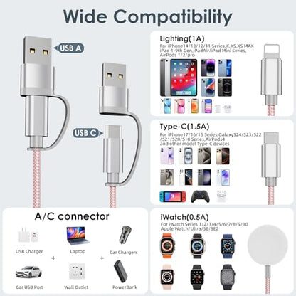 Travel Essentials,Multi Charging Cable for Apple Watch iPhone Charger Pink - color: Pink, size: 1Pack-4FT