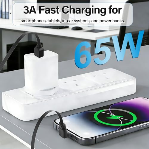 Right-Angle USB-C to USB-A Flat Cable,PD 65W USB-C Cable for Fast Charging Flat 90-Degree Type-C to A Short CableCompatible with Phone 15/16,Galaxy S21/S22/S23,Power Bank,etc.-0.5M/1.6Ft