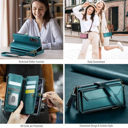 Strapurs Crossbody Wallet Case Compatible with Samsung Galaxy Z Fold 4 with RFID Blocking Card Holder & Pen Holder Slot Soft PU Leather Shoulder Strap Zipper Pocket Purse Fold 4 Phone Case, Blue Green | RFID Blocking 5-Card Holder, Shoulder Lanyard, Wirst