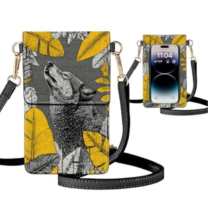 Small Crossbody Bags for Women Touchscreen Cell Phone Bag Cross Body Purses with adjustable Strap,Gifts For Teenage Girls - color: Tropical Leaf Wolf Silhouette