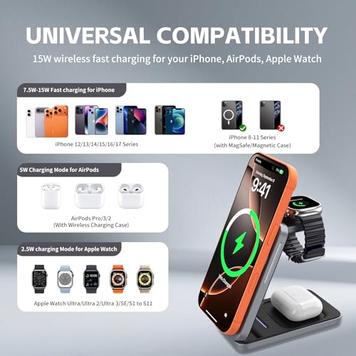 3-in-1 Adjustable Magnetic Charger, 15W for iPhone/Watch/AirPods - color: Grey