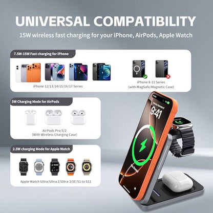 3-in-1 Adjustable Magnetic Charger, 15W for iPhone/Watch/AirPods - color: Grey