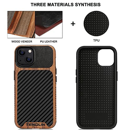 TENDLIN Compatible with iPhone 13 Case Wood Grain with Carbon Fiber Texture Design Leather Hybrid Case Compatible for iPhone 13 6.1-inch Released in 2021 Black - color: Black