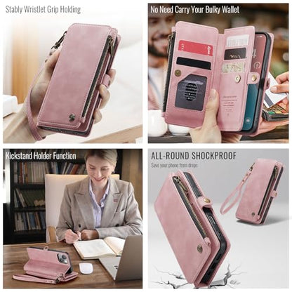 Defencase for iPhone 15 Wallet Case with RFID Blocking Card Holder, Pink | Durable Soft PU Leather, with Zipper Pocket, Wrist Strap, Fashion Snap Flip Phone Cases Cover with Stand for Women and Men - color: Airy Rose Pink