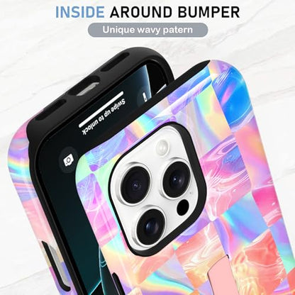 KANGHAR Compatible with iPhone 16 Pro Max Case Checkered -Iridescent | Silicone Cute Pattern, Finger Hold Wristband Kickstand Camera Protection Soft Slim Phone Case for Girls Women - color: (Checkered)Iridescent Gradient, size: iPhone 16 Pro Max