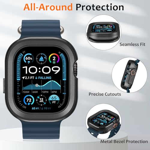 Amizee 2 in 1 Metal Rugged Case Compatible with Apple Watch Ultra 3/2/1 Case 49mm, Aluminum Shockproof Protective Bumper Cover for iWatch 49mm, Black - color: Black, size: 49mm