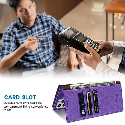 ZZXX iPhone 13 Pro 6.1 inch Cellular Phone Case, Wallet with RFID Blocking, Card Slot, Magnetic Leather Flip Protective Cover (Purple) - color: Purple, size: iPhone 13 Pro