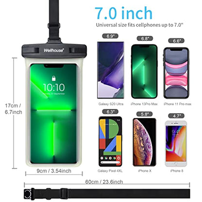 wellhouse Waterproof Phone Pouch, Waterproof Phone Case for iPhone 17 16 15 14 13 Pro Max XS Samsung, IPX8 3D Cellphone Dry Bag Beach Essentials (1 Pack - Luminous Black7.0, 7 inch) - color: 1 Pack - Luminous Black7.0"