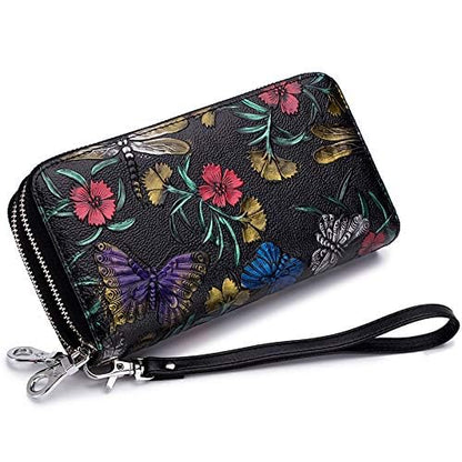 GOIACII Women's Wallet RFID Blocking Leather Wristlet - color: B02 Butterflies Dragonflies