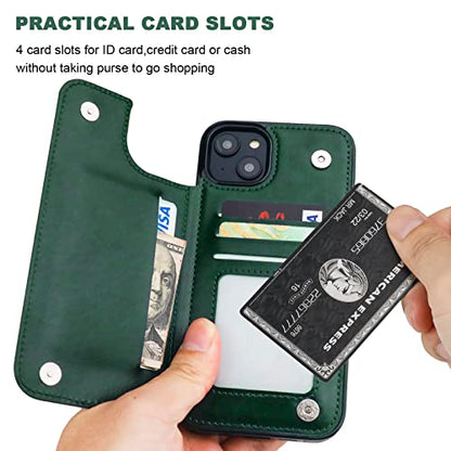 ONETOP for iPhone 14 Plus Wallet Case with Credit Card Holder,Green | Kickstand,ID/Cash Holder,Case Wallet with Card Slots,Double Magnetic Clasp,Durable PU Leather Shockproof Cover for Women Men - color: Green