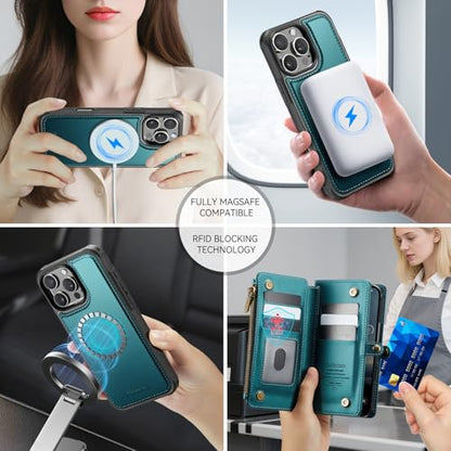 Defencase for iPhone 16 Pro Max Case Wallet Compatible with Magsafe, Green | Drop-Proof Magnetic Detachable Phone Cases Cover, with RFID Bolcking Card Holder, Zipper Strap, PU Leather, Removable Wallet - color: (Detachable with Magsafe)-Blue Green