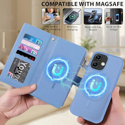 for iPhone 15/14/13 Case Wallet,Compatible with MagSafe 2 in 1 Magnetic Detachable PU Leather RFID Blocking Wallet Cover Card Holder Zipper Wrist Strap Lanyard,Quilted Blue - color: Quilted Blue, size: iPhone 15/14/13