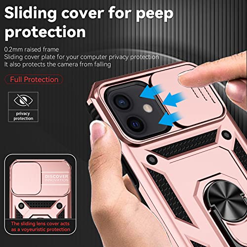 for iPhone 12 Mini Case with Camera Lens Cover Screen Protector, Dual Layer Military Grade Drop Protection Magnetic Ring Holder Kickstand Protective Phone Case for iPhone 12 Mini 5.4 inch (Rose Gold) - color: Rose Gold with camera cover Military-Grade 2nd