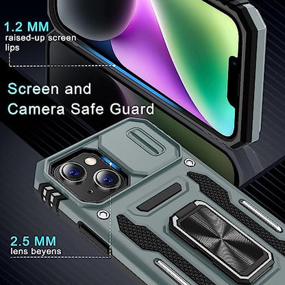 DEERLAMN Case for iPhone 13/iPhone 14 6.1-Inch with Slide Camera Cover+Screen Protector(2 Packs),Rotated Ring Kickstand Military Grade Shockproof Protective Cover-Grey - color: Grey
