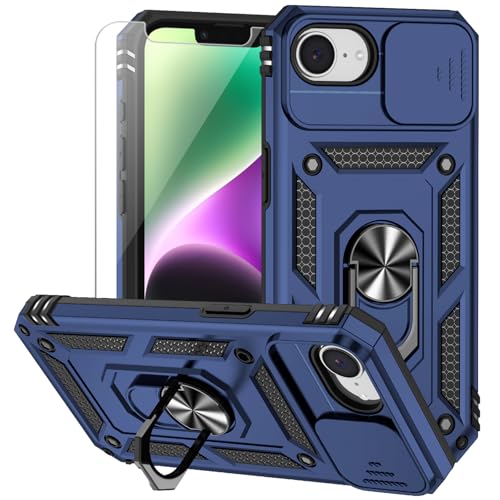 for iPhone 17E / iPhone 16E Case, with Camera Lens Cover HD Screen Protector, Dual Layer Military-Grade Drop Tested Magnetic Ring Holder Kickstand Protective Phone Case for iPhone 16E /17E (Navy Blue) - color: Navy Blue with camera cover Military-Grade 2n