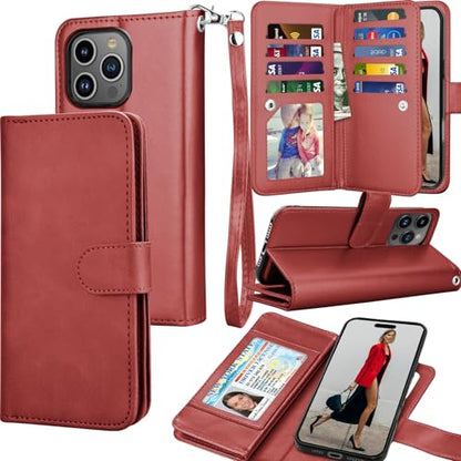 Tekcoo Wallet Case Compatible with iPhone 16 Pro (6.3 inch) 2024 Luxury ID Cash Credit Card Slots Holder Carrying Pouch Folio Flip PU Leather Cover [Detachable Magnetic Hard Case] with Strap [Red] - color: Wine Red, size: 16 Pro