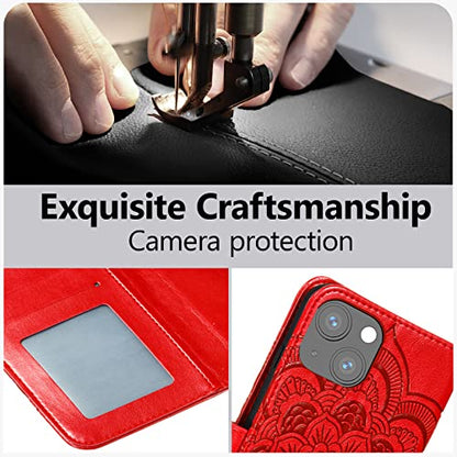 EYZUTAK Case for iPhone 14 Plus, Premium PU Leather Magnetic Flip Wallet Case with Card Holder Cash Slot Lanyard Strap Kickstand Function Embossed Mandala Flower Pattern Shockproof Cover - Red - color: Red, size: iPhone 14 Plus