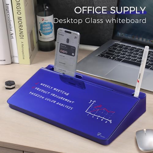 TOWON Compact Glass Desktop Whiteboard with Storage 12x7 in, Navy Blue - color: Metallic Navy