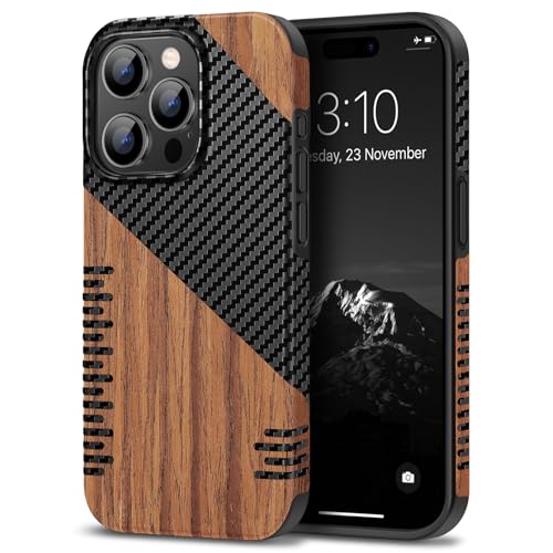TENDLIN Compatible with iPhone 15 Pro Case Wood Grain with Carbon Fiber Texture Design Leather Hybrid Slim Case (Twill) - color: Twill, size: iPhone 15 Pro