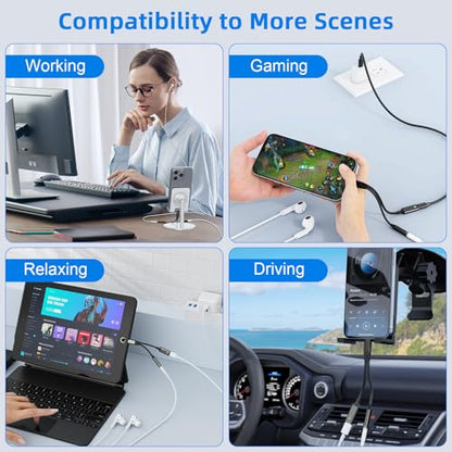2-in-1 Lightning to 3.5mm Jack Headphone and Charger Cable Adapter,Earphones Converter Splitter Support Music+Charge+HiFi+Mic+Control for iPhone 14 Pro Max/14 13 12 11【Apple MFi Certified