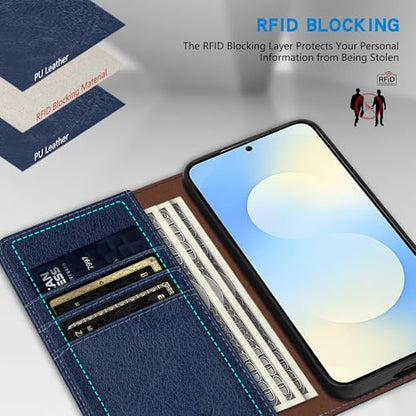 ZZXX for Samsung Galaxy S25 FE Wallet Case with [RFID Blocking] Card Slot Stand Strong Magnetic PU Leather Flip Fold Protective Phone Case for Samsung Galaxy S25 FE Case Wallet(Blue-6.7 inch) - color: Blue