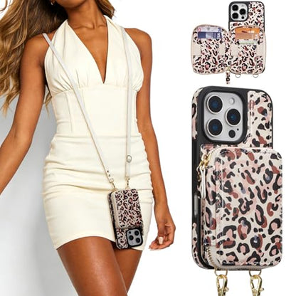ZCDAYE Zipper Crossbody Wallet Case for iPhone 13 Pro Max, Leopard Print | Flip Folio PU Leather, Practical Card Holder, Adjustable Lanyard Strap, RFID Blocking, Retro Leopard Girly Phone Case - color: Leopard print, size: iPhone 13 Pro Max